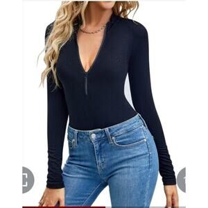 Bodysuit Long Sleeve V Neck Zipper Slim Fit Stretchy Tops Size Small . Black